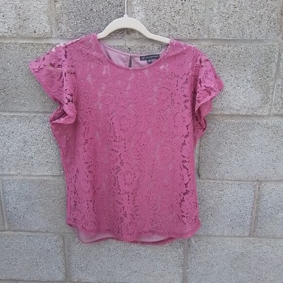Adrianna‎ Papell Blouse Pink Sz M Lace Cap Sleeve Keyhole Scoop Neck Career - Picture 1 of 6